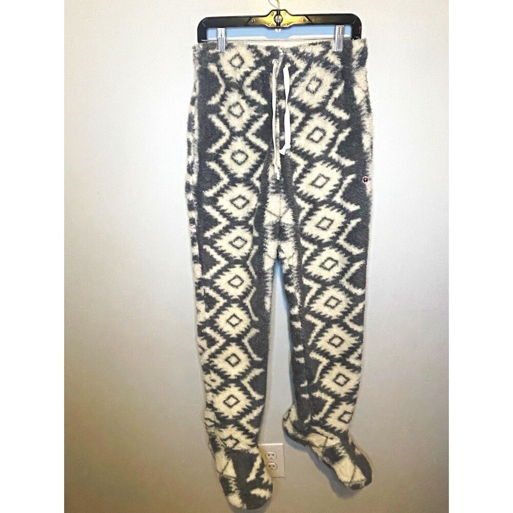 FeeJays Women's Fleece Geometric Pajama Jogger Pants Drawstring Gray/White M